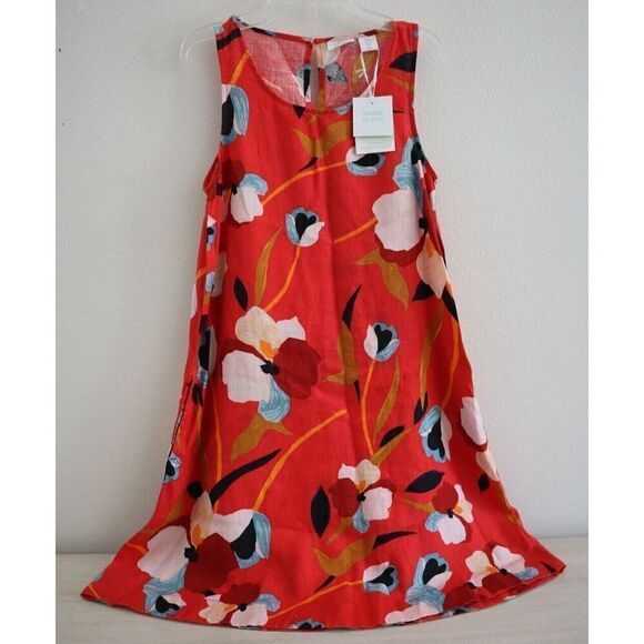 Sigrid Olsen Women's Sz XS Red Floral Sleeveless Linen Trapeze Mini Dress - Picture 1 of 14